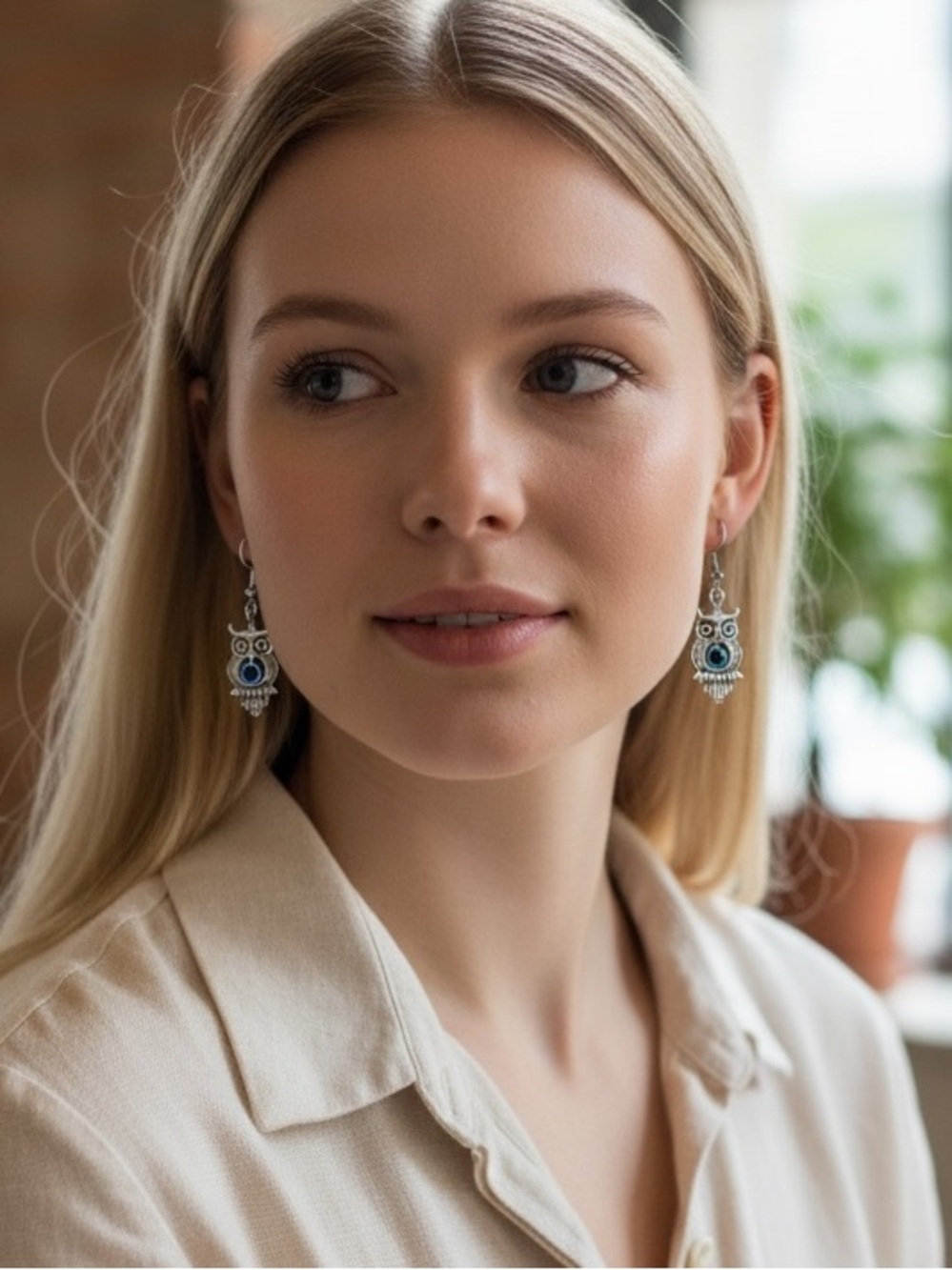 Silver Blue Owl Drop Earrings Evil Eye Protection Jewelry